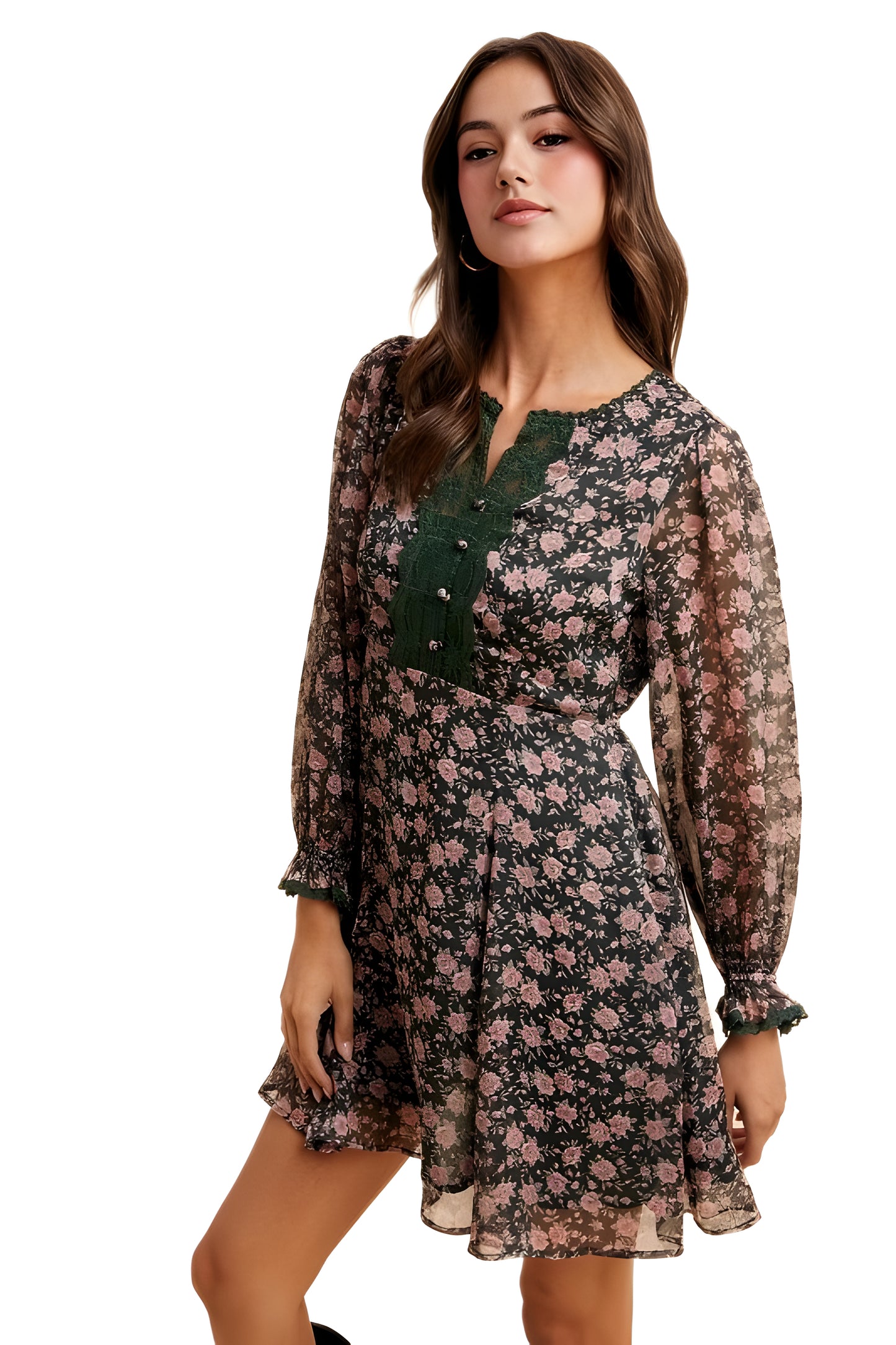 Floral Chiffon Mini Dress with Sheer Sleeves and Lace Trim