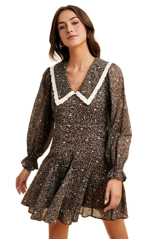 Vintage Floral Mini Dress with Lace Collar and Puff Sleeves