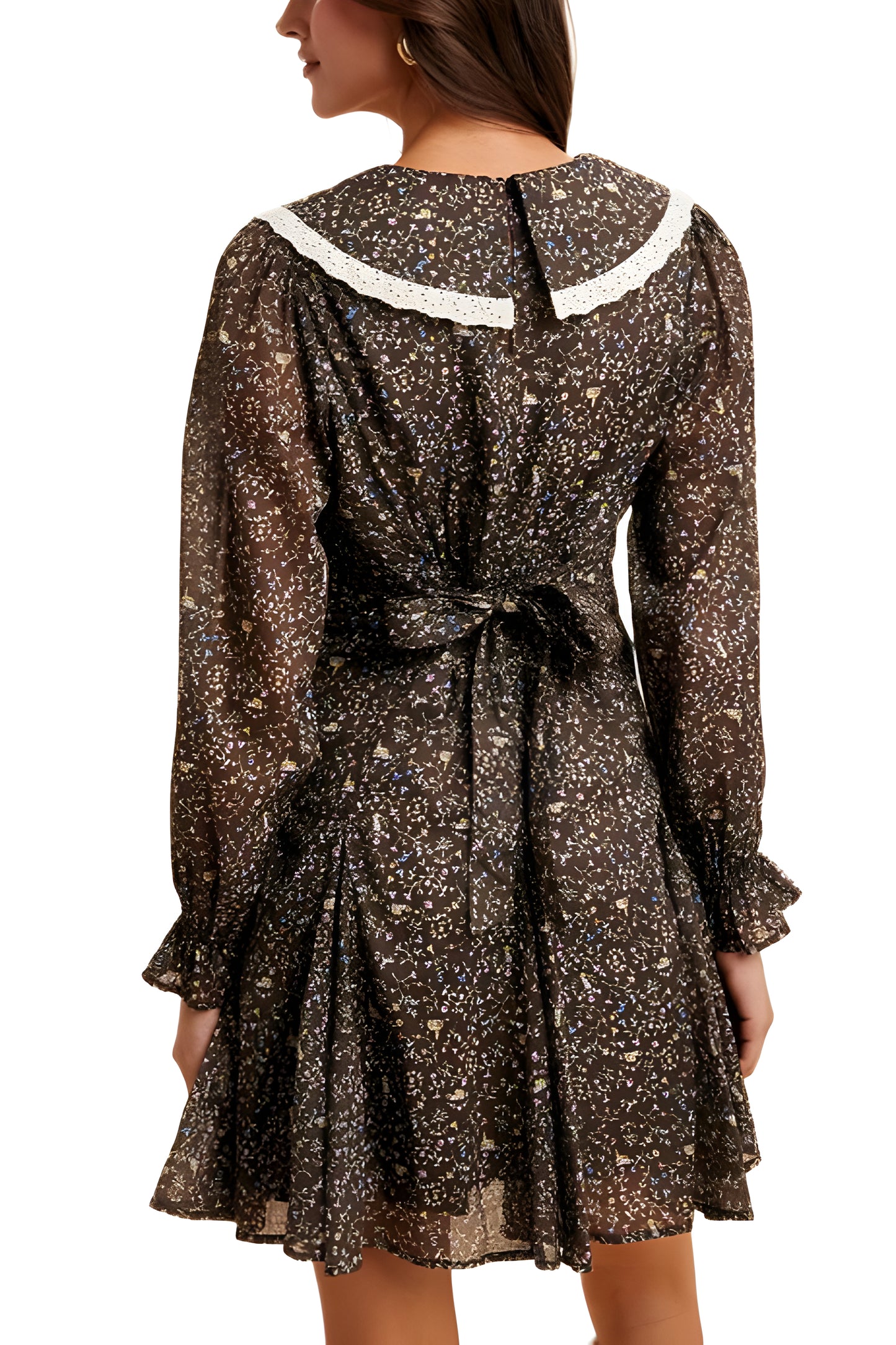 Vintage Floral Mini Dress with Lace Collar and Puff Sleeves