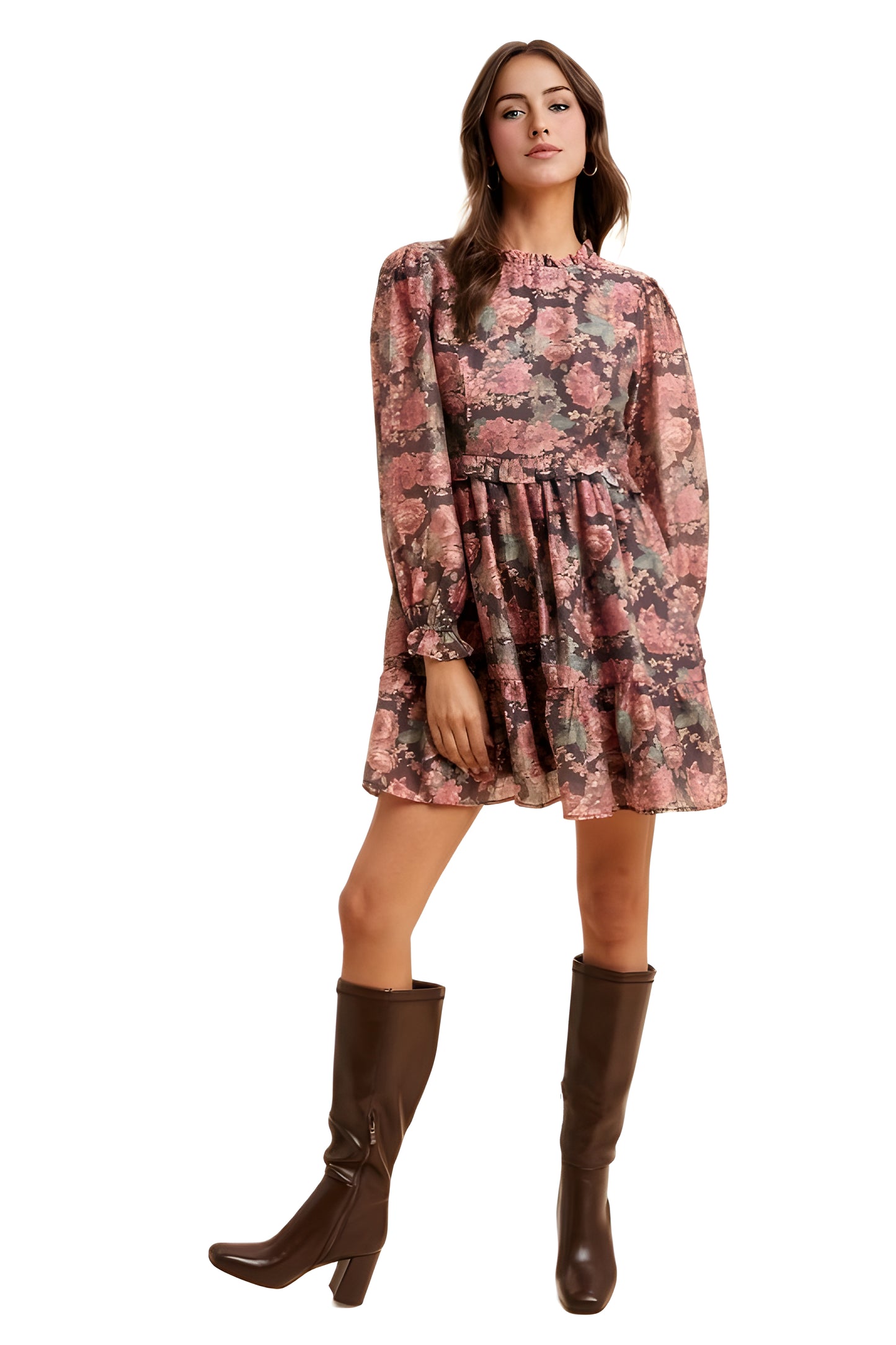Romantic Floral Ruffle Mini Dress with Sheer Long Sleeves