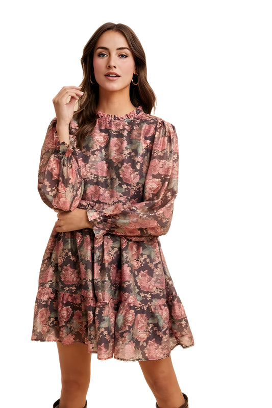Romantic Floral Ruffle Mini Dress with Sheer Long Sleeves