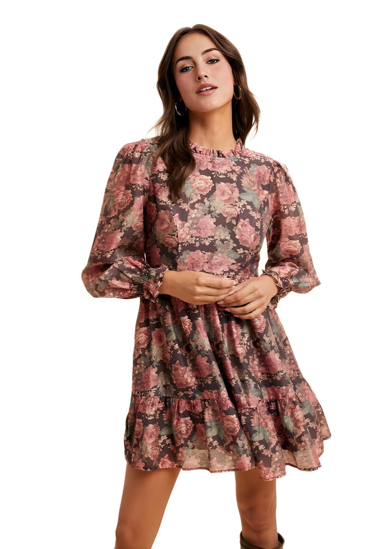 Romantic Floral Ruffle Mini Dress with Sheer Long Sleeves