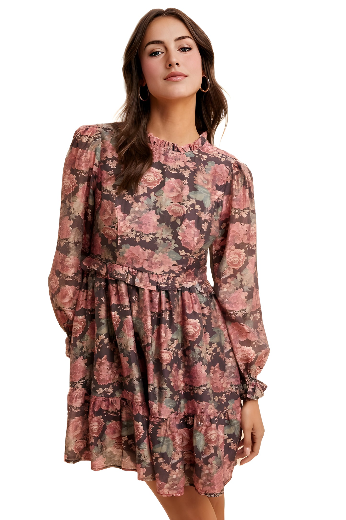 Romantic Floral Ruffle Mini Dress with Sheer Long Sleeves