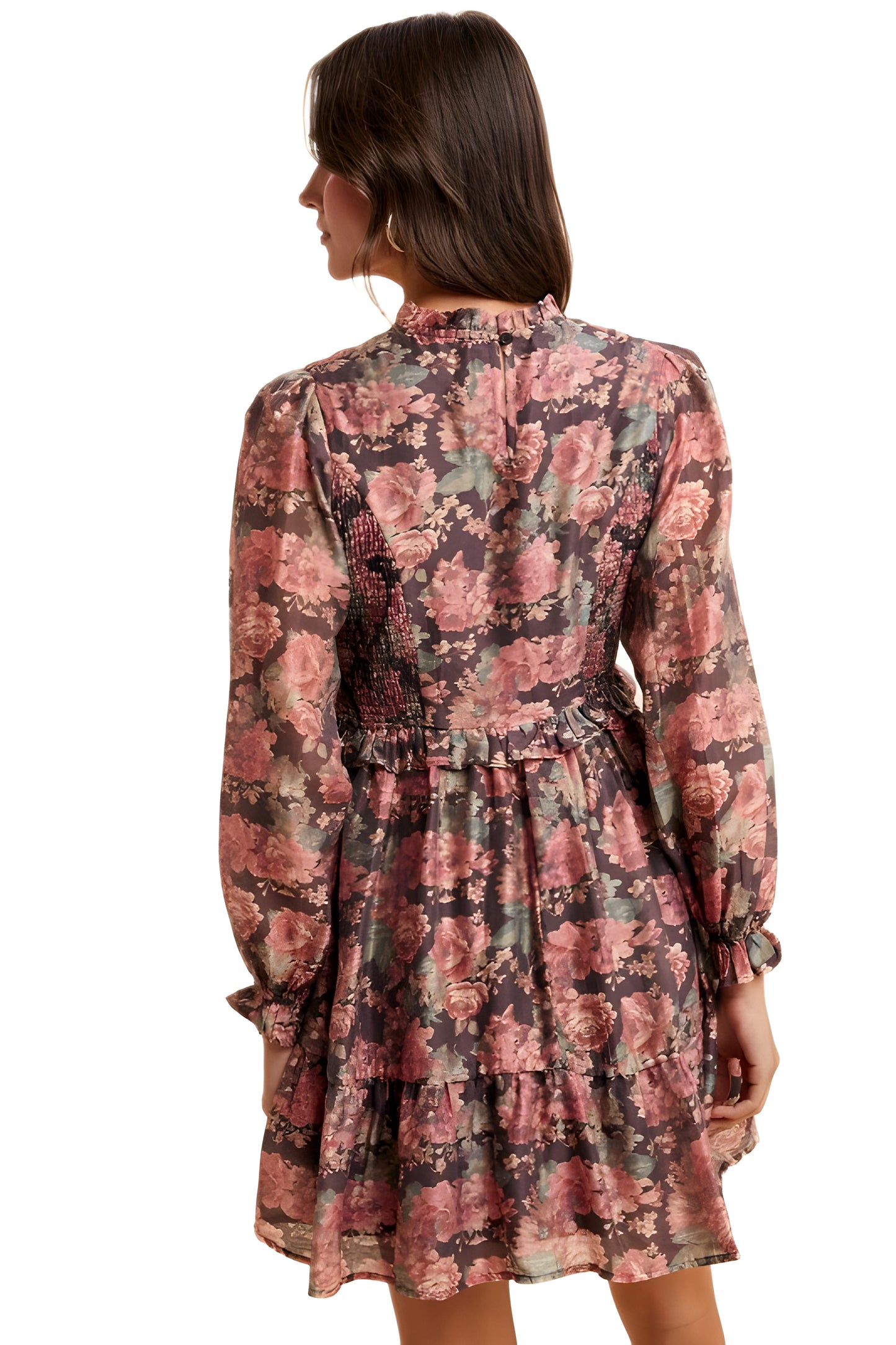Romantic Floral Ruffle Mini Dress with Sheer Long Sleeves