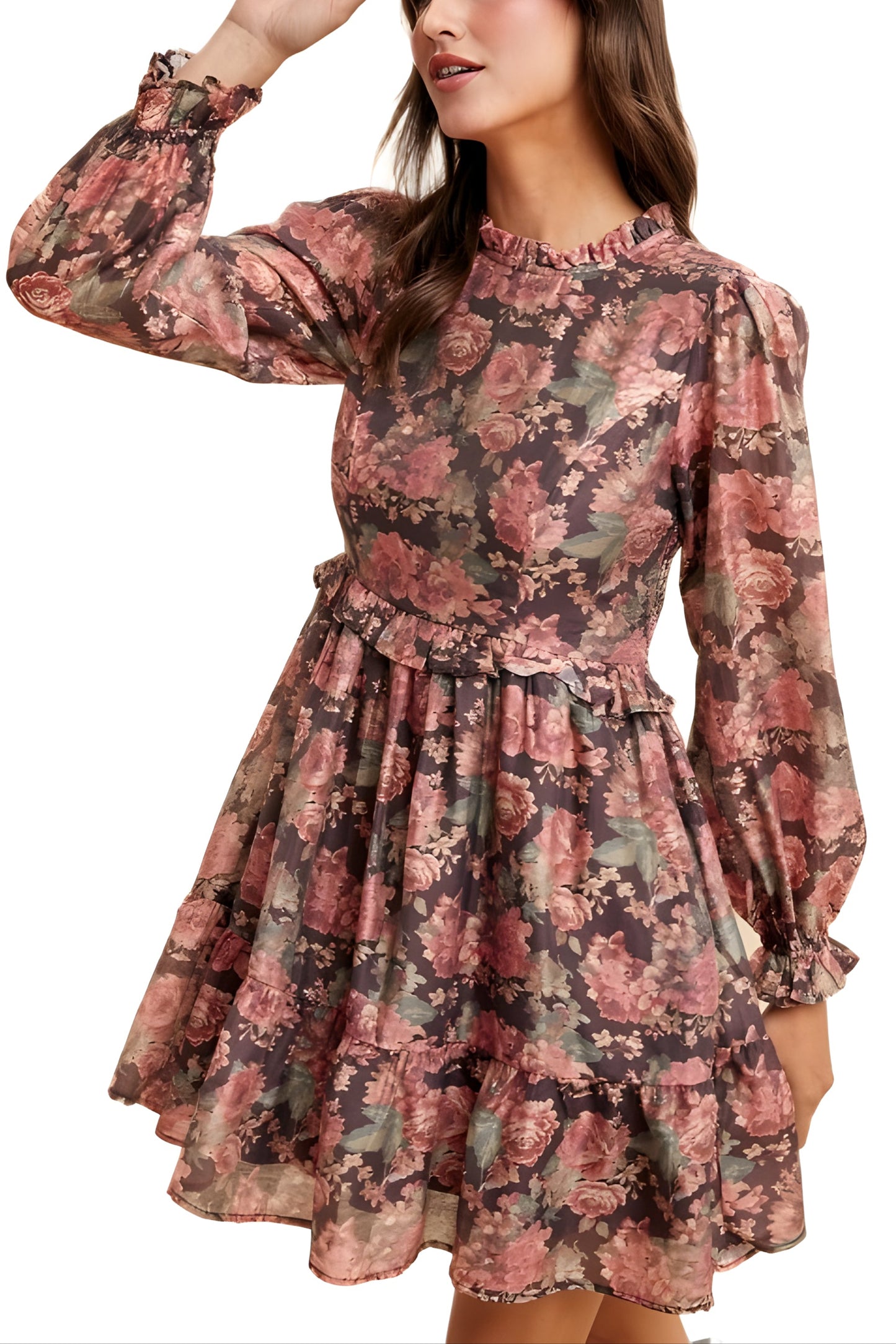 Romantic Floral Ruffle Mini Dress with Sheer Long Sleeves