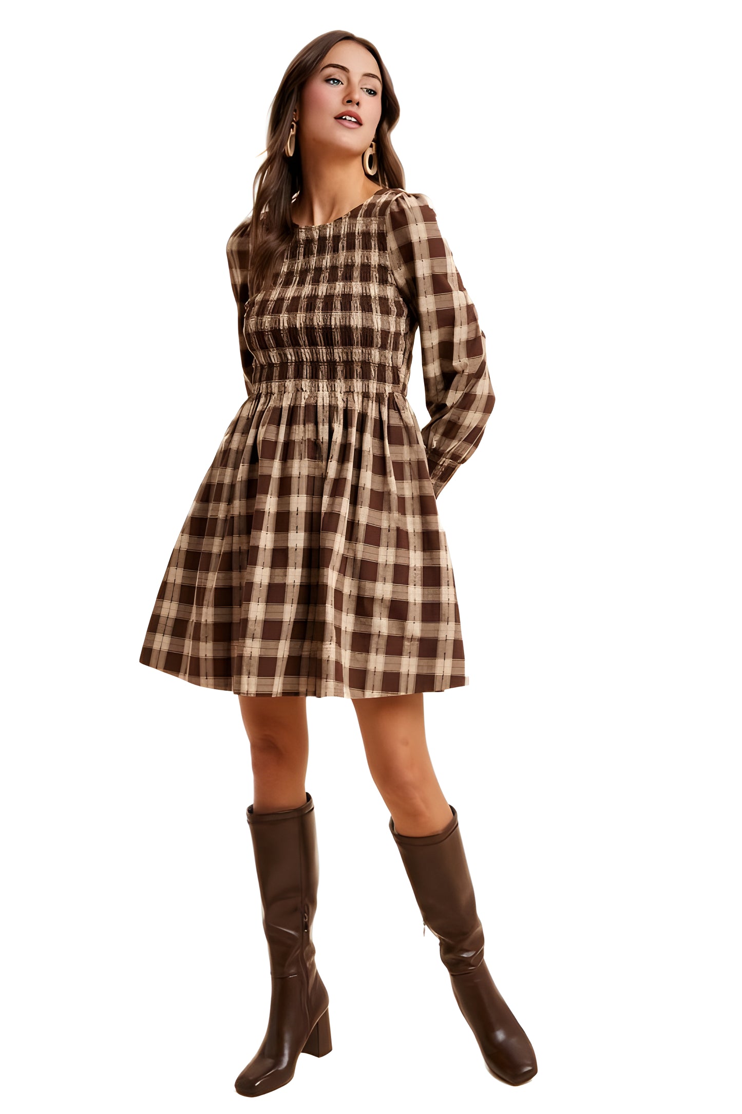 Smocked Plaid Long Sleeve Mini Dress in Brown Tones