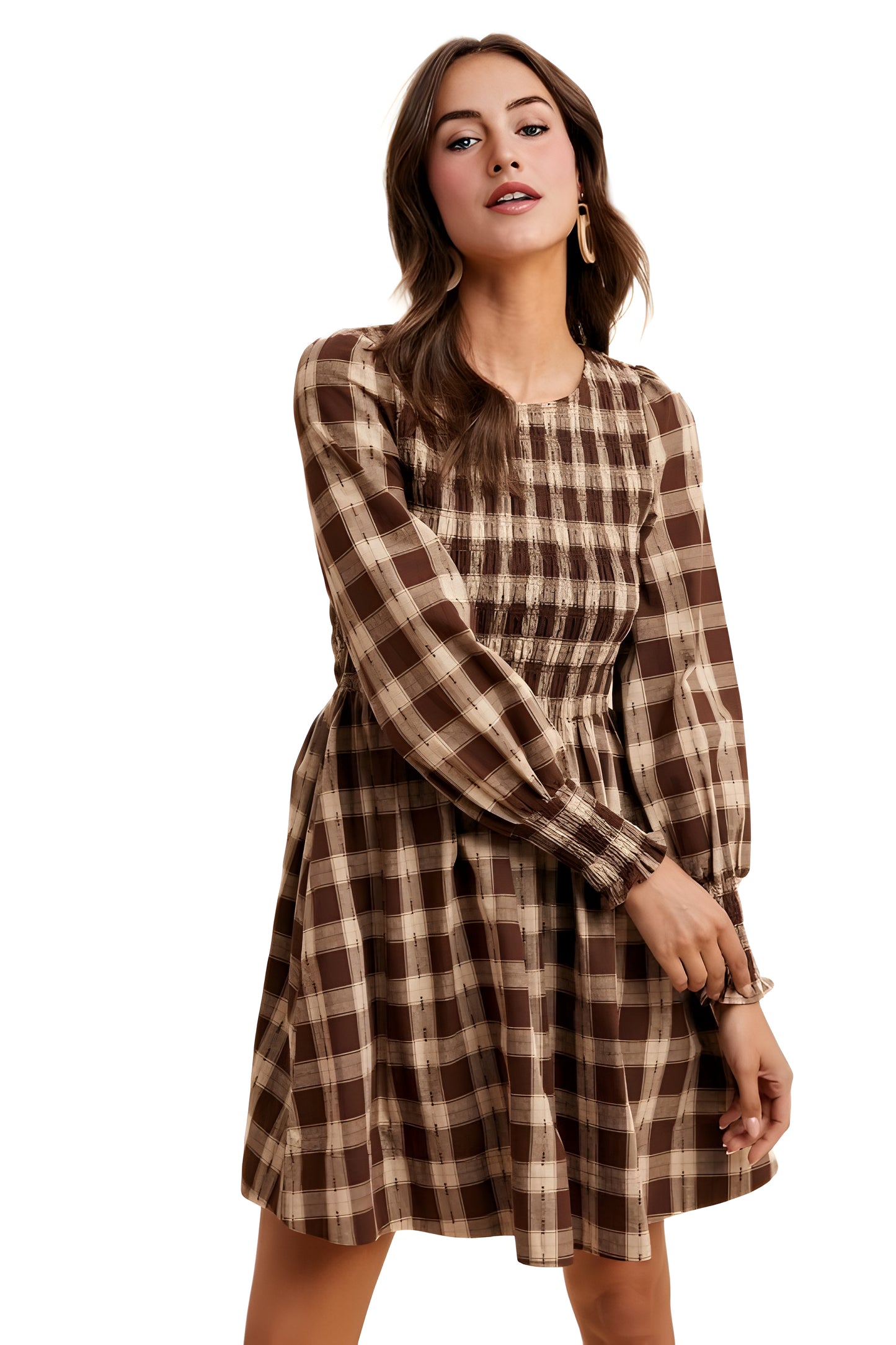 Smocked Plaid Long Sleeve Mini Dress in Brown Tones