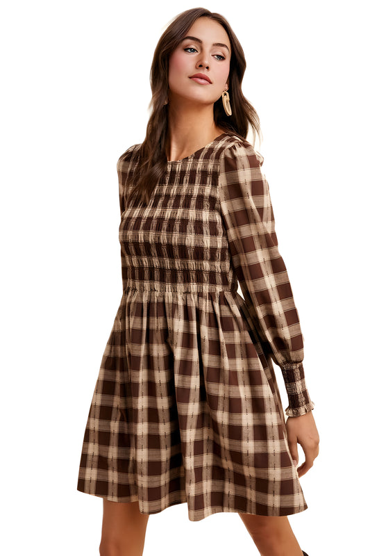 Smocked Plaid Long Sleeve Mini Dress in Brown Tones