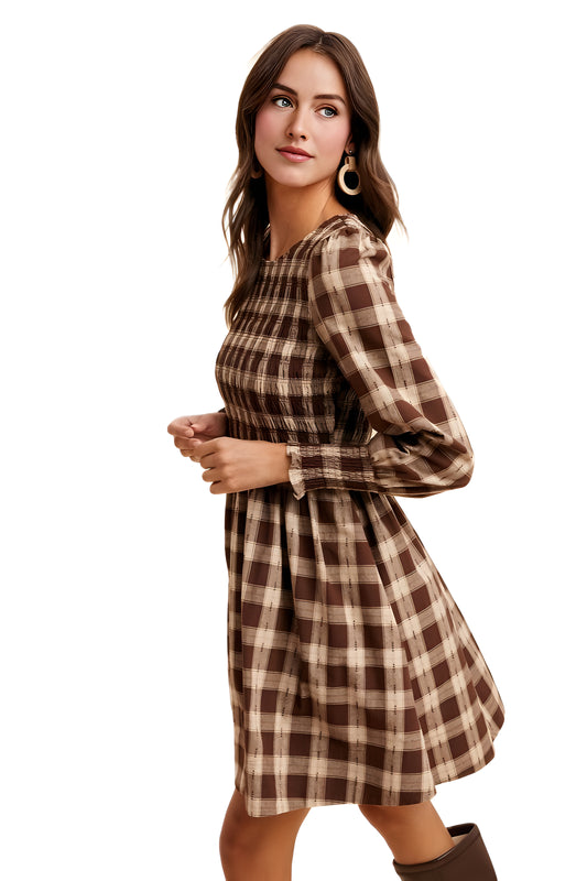Smocked Plaid Long Sleeve Mini Dress in Brown Tones