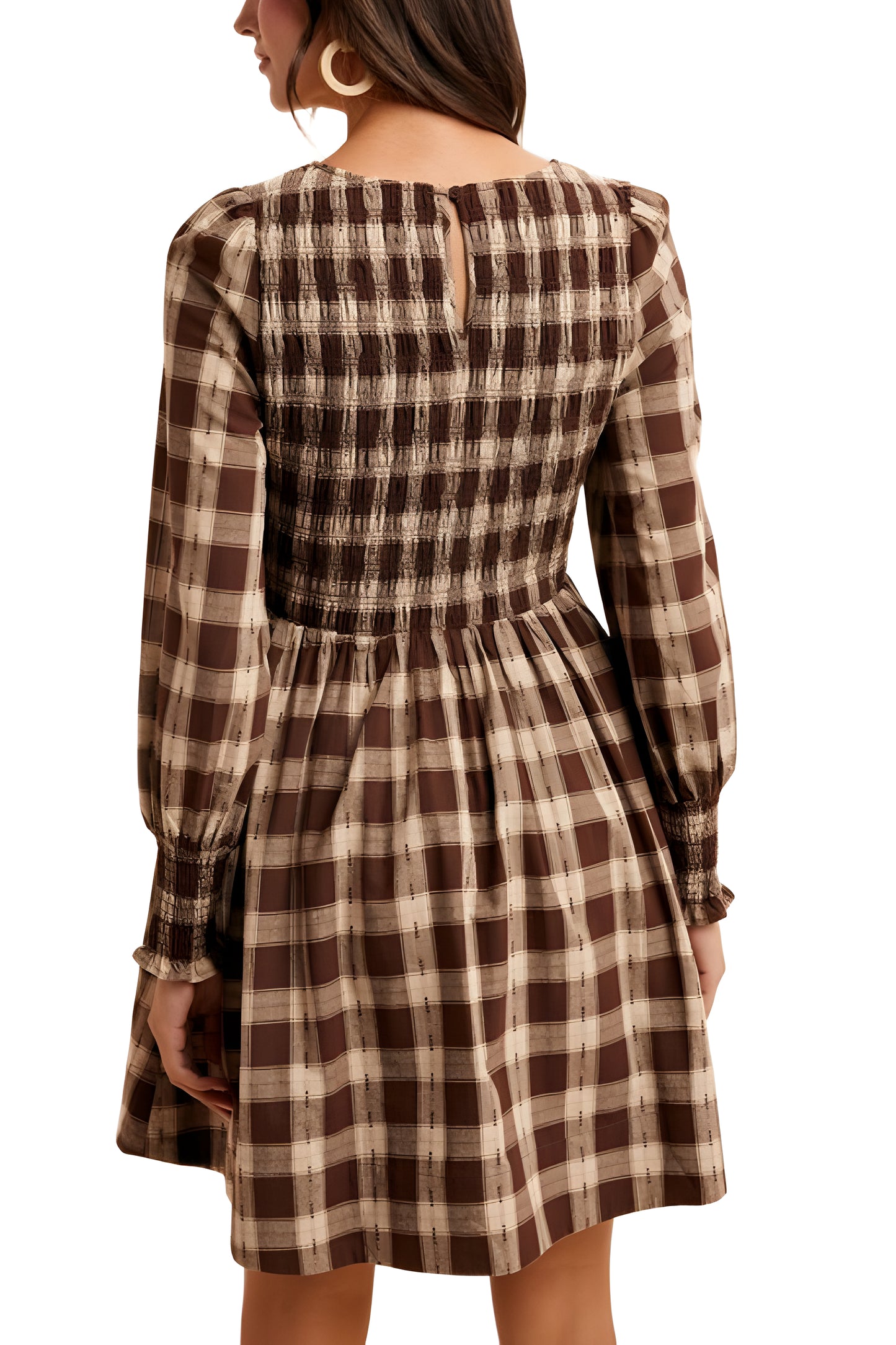 Smocked Plaid Long Sleeve Mini Dress in Brown Tones