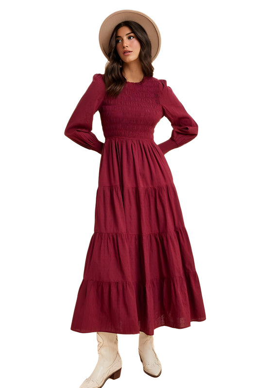 Smocked Bodice Tiered Maxi Dress with Long Sleeves