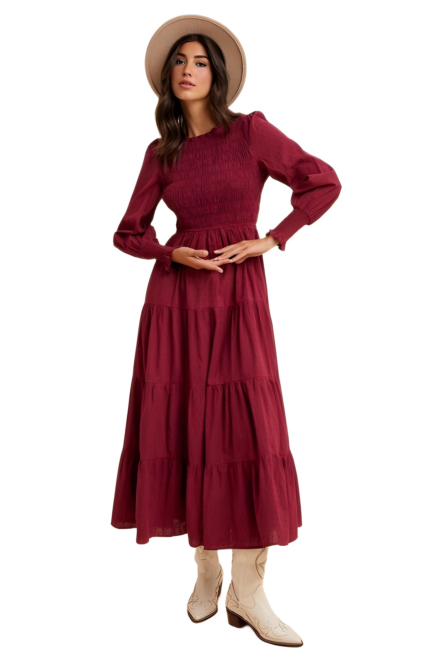 Smocked Bodice Tiered Maxi Dress with Long Sleeves