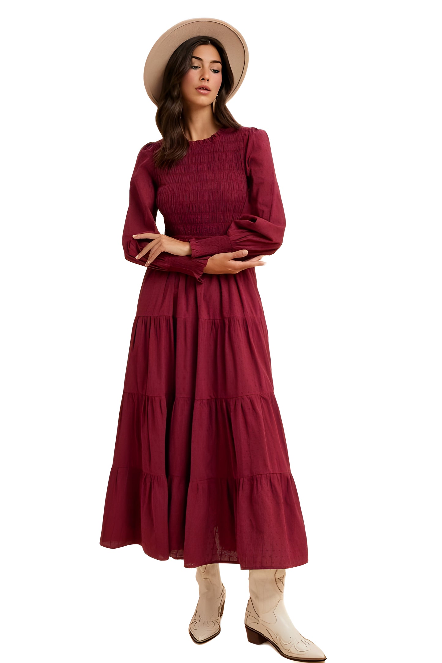 Smocked Bodice Tiered Maxi Dress with Long Sleeves
