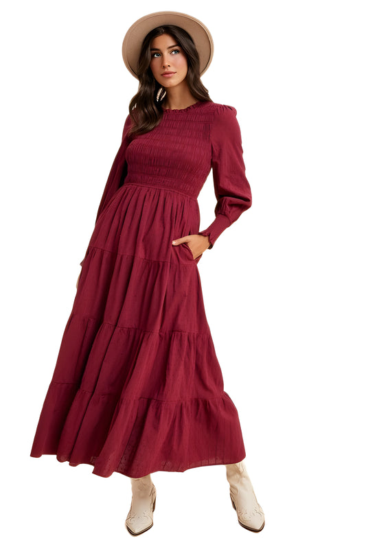 Smocked Bodice Tiered Maxi Dress with Long Sleeves