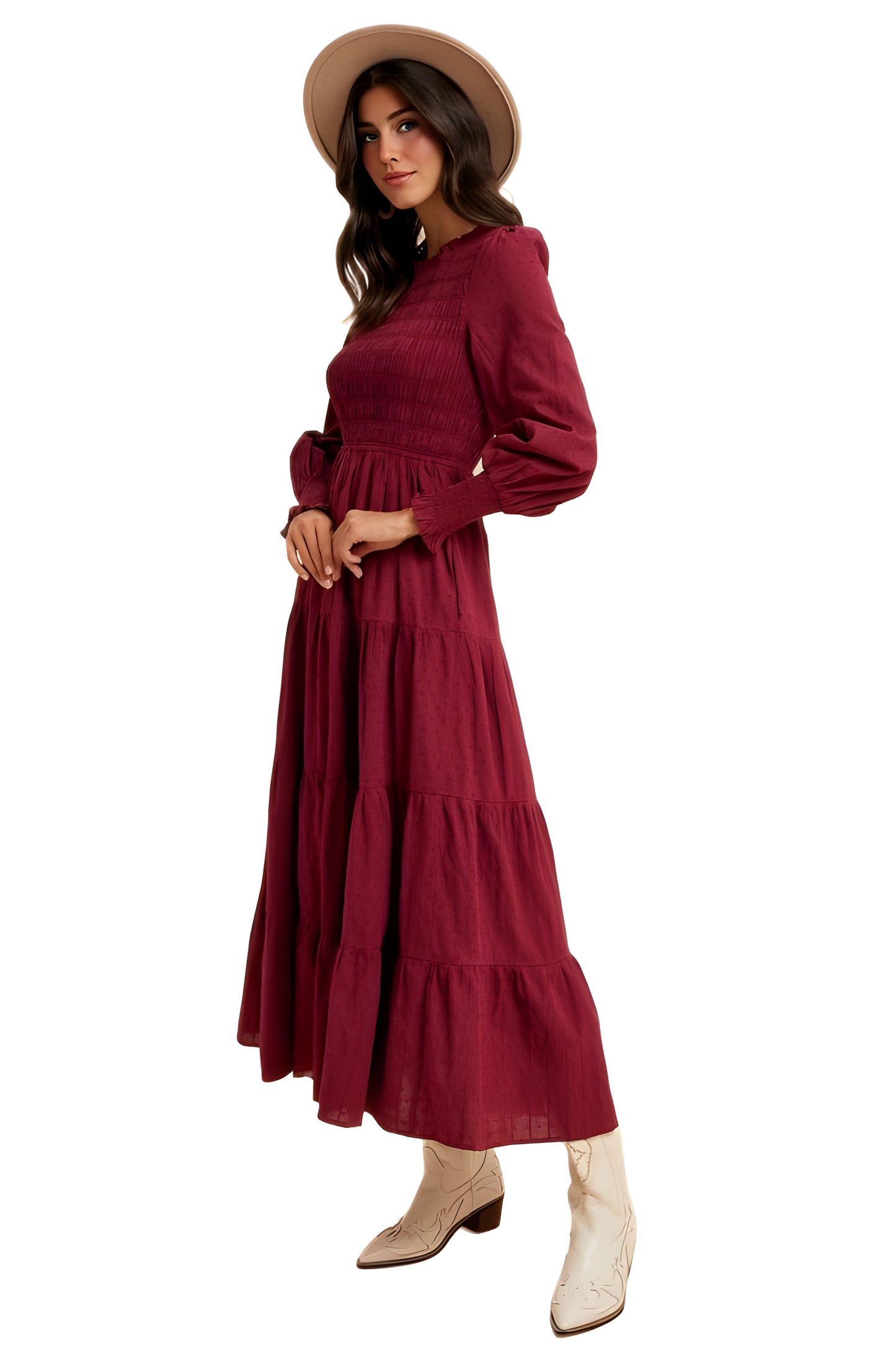 Smocked Bodice Tiered Maxi Dress with Long Sleeves