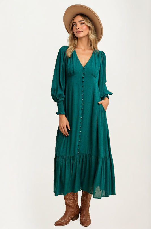Maxi Dress with Button Front and Puff Sleeves