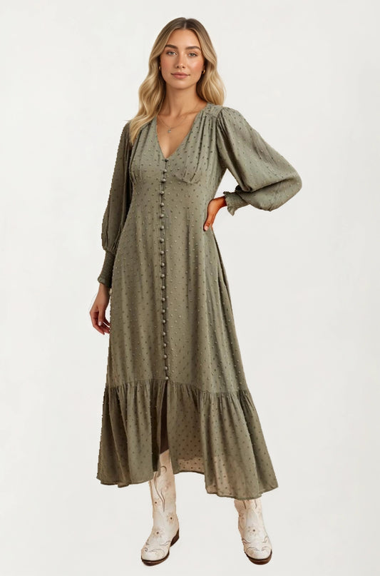 Maxi Dress with Button Front and Puff Sleeves