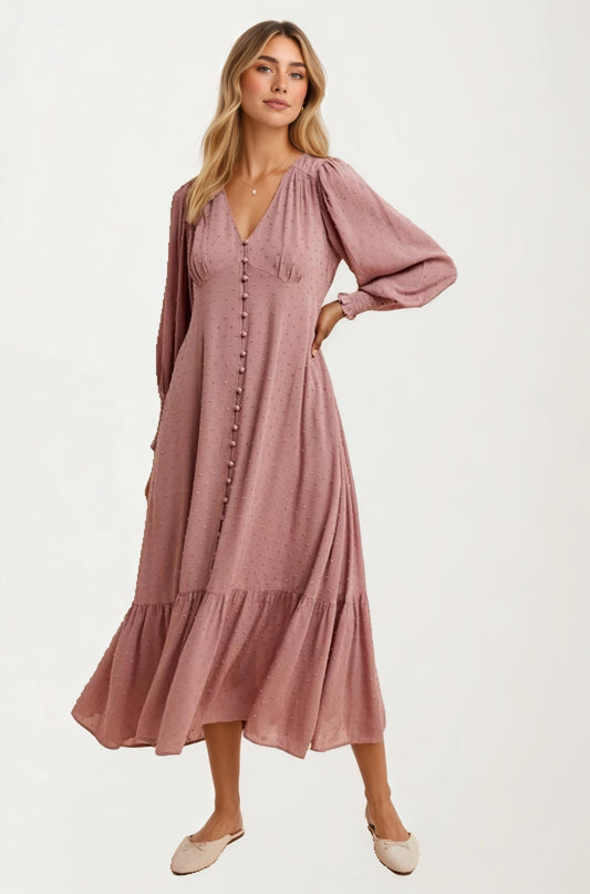 Maxi Dress with Button Front and Puff Sleeves