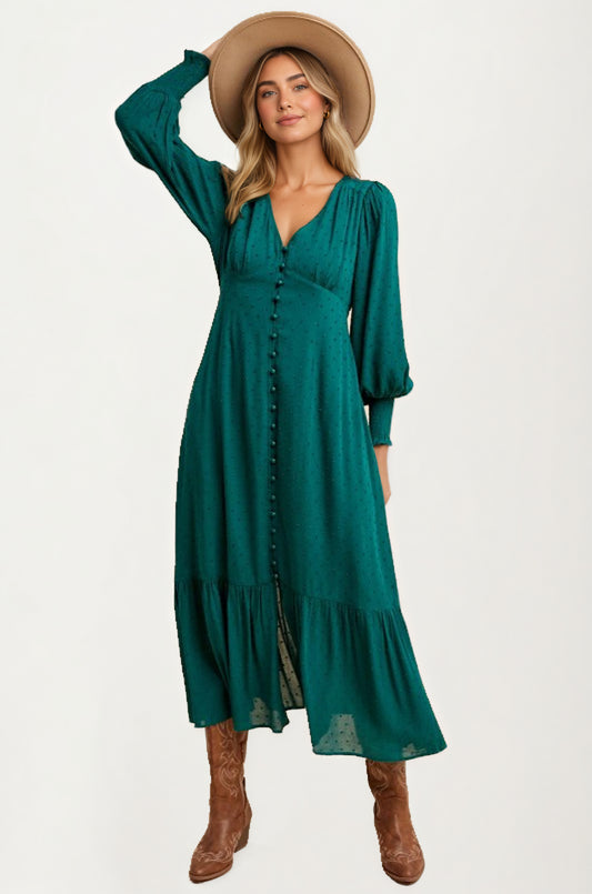 Maxi Dress with Button Front and Puff Sleeves