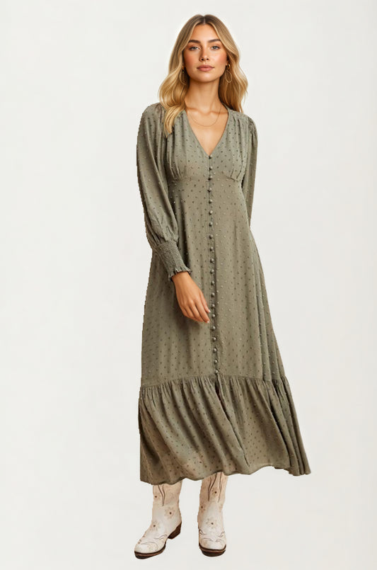 Maxi Dress with Button Front and Puff Sleeves