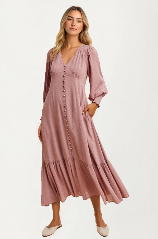 Maxi Dress with Button Front and Puff Sleeves