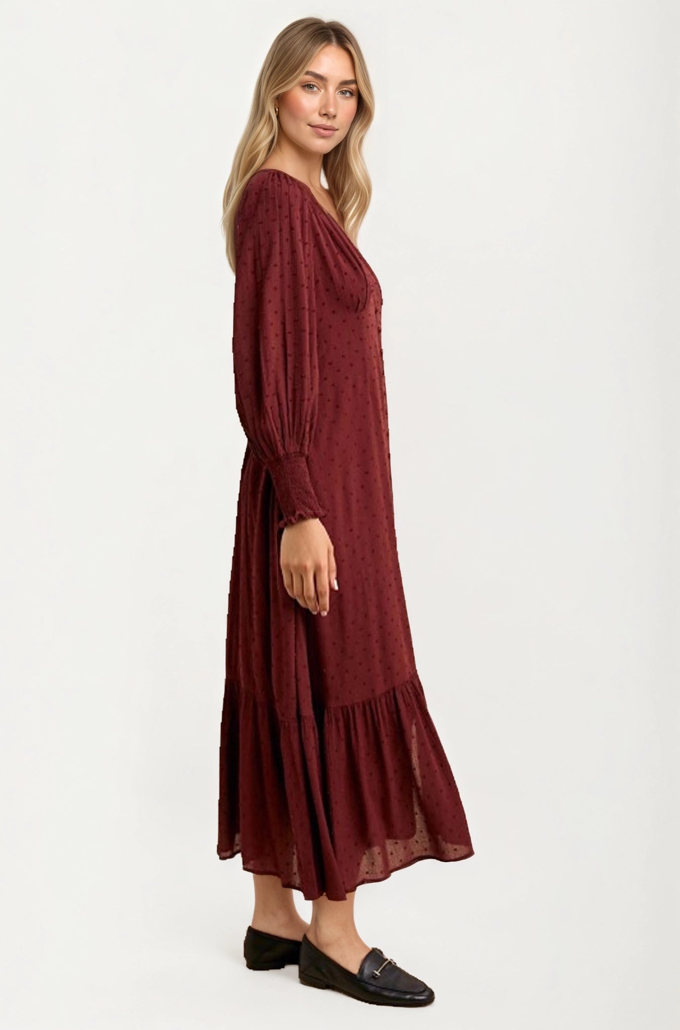 Maxi Dress with Button Front and Puff Sleeves
