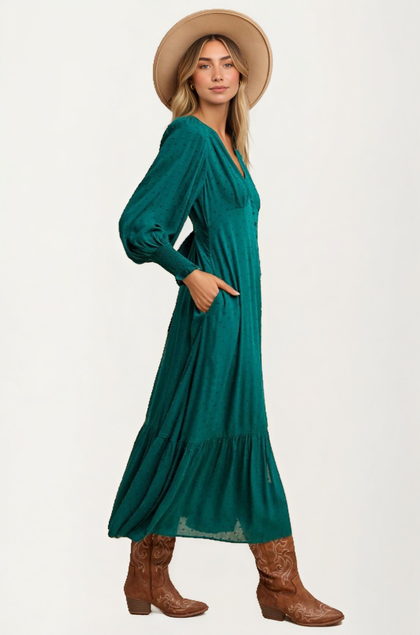 Maxi Dress with Button Front and Puff Sleeves