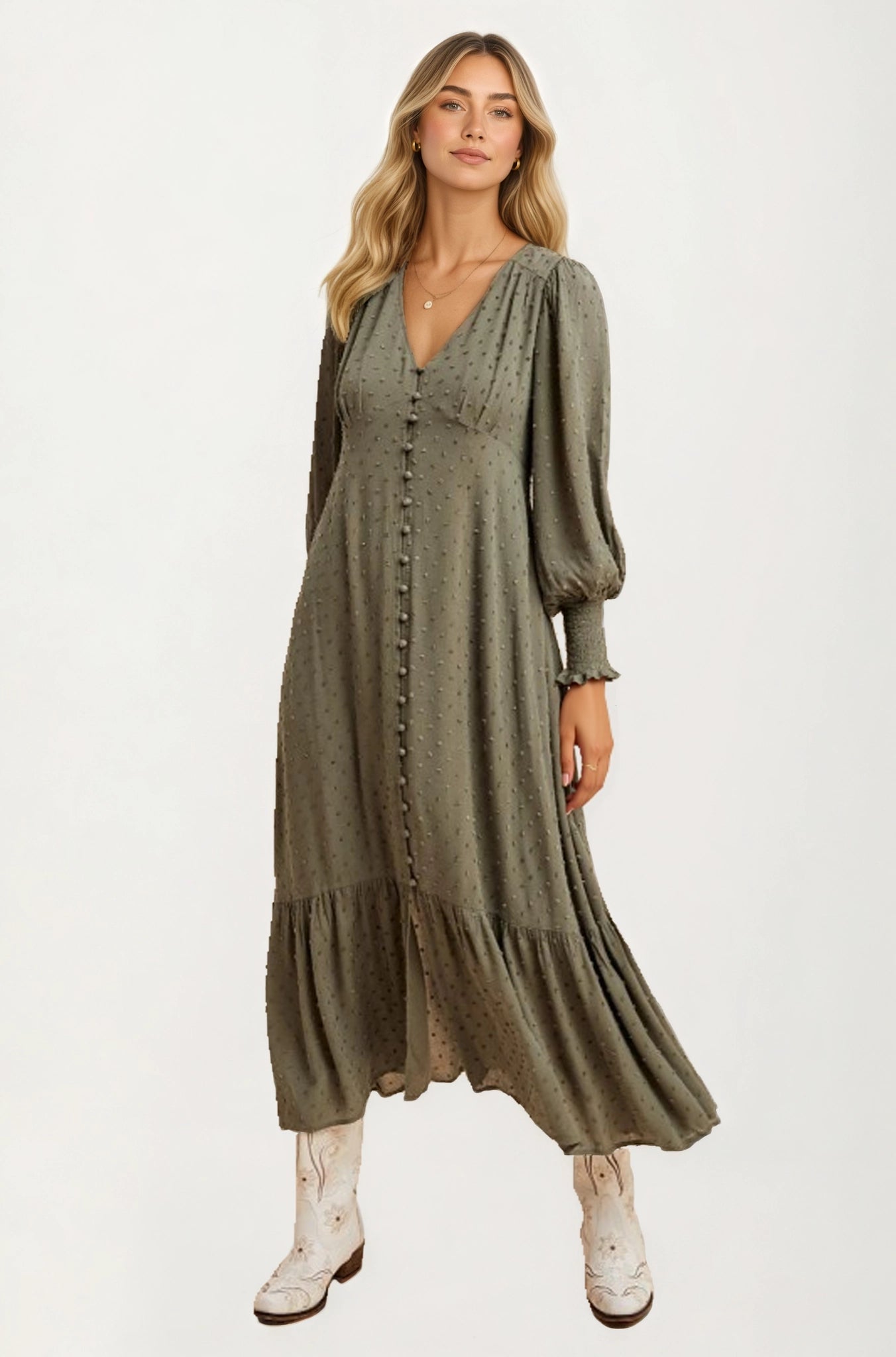 Maxi Dress with Button Front and Puff Sleeves