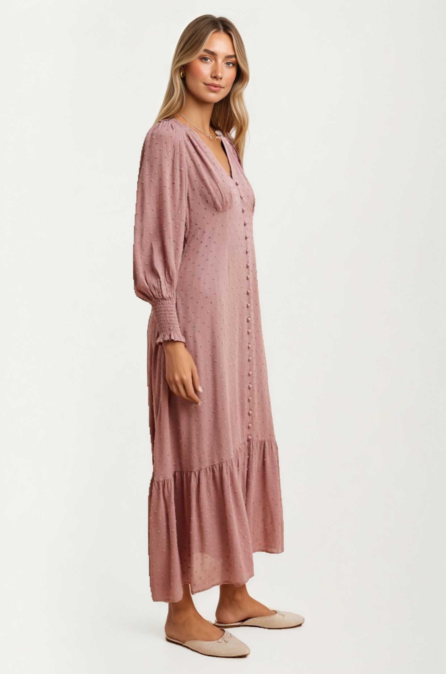 Maxi Dress with Button Front and Puff Sleeves