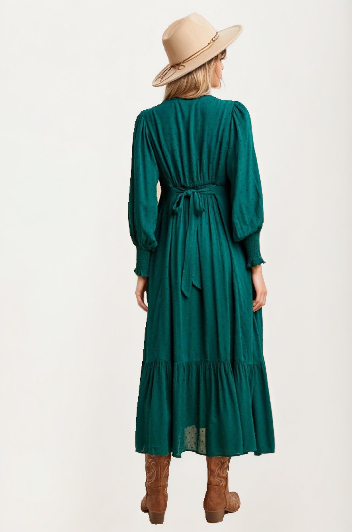 Maxi Dress with Button Front and Puff Sleeves