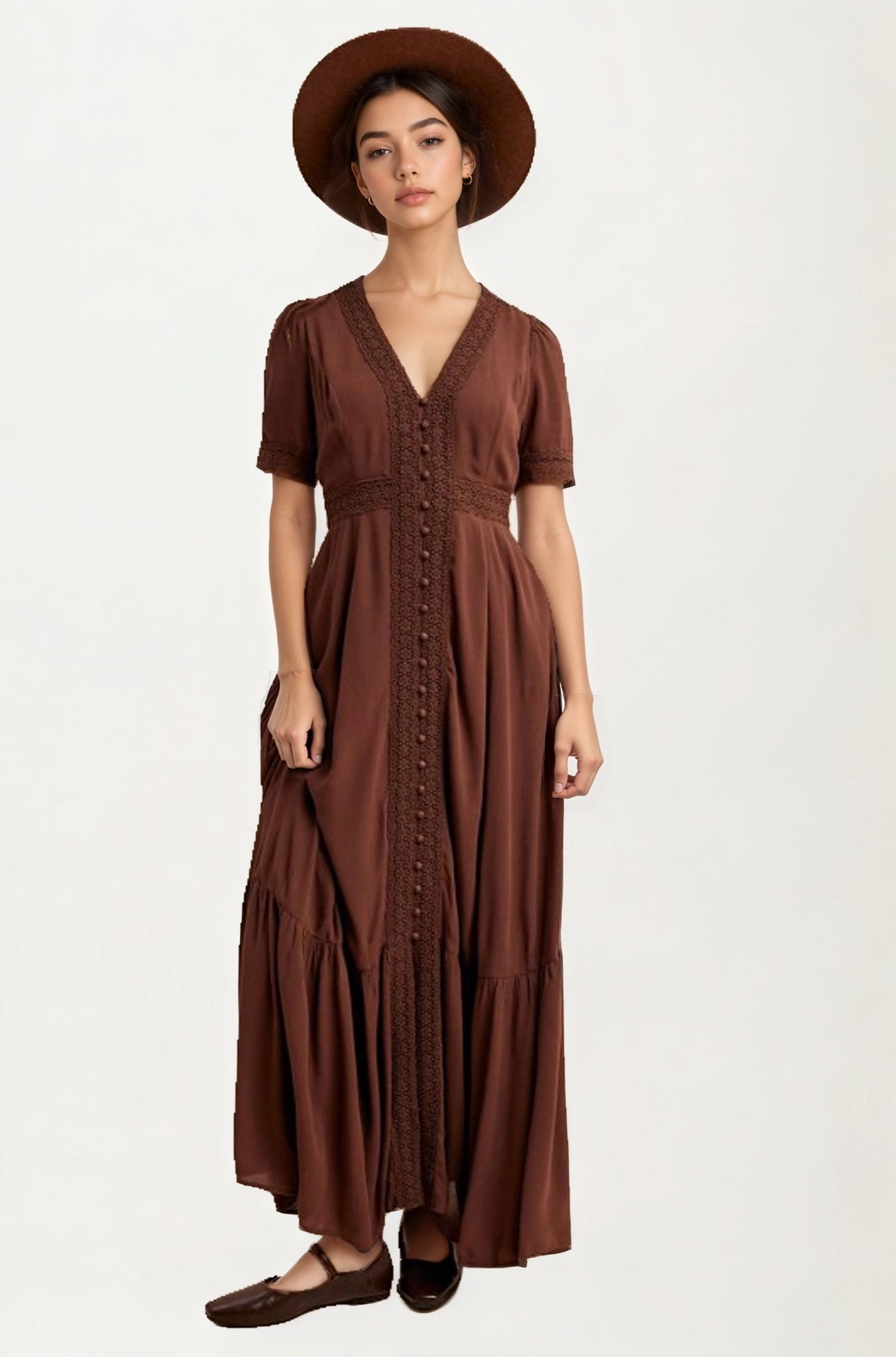 Short Sleeve Maxi Dress with Button Front and Lace Trim