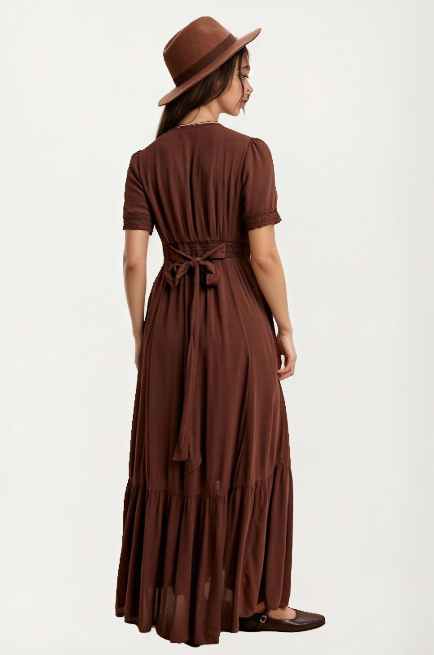 Short Sleeve Maxi Dress with Button Front and Lace Trim