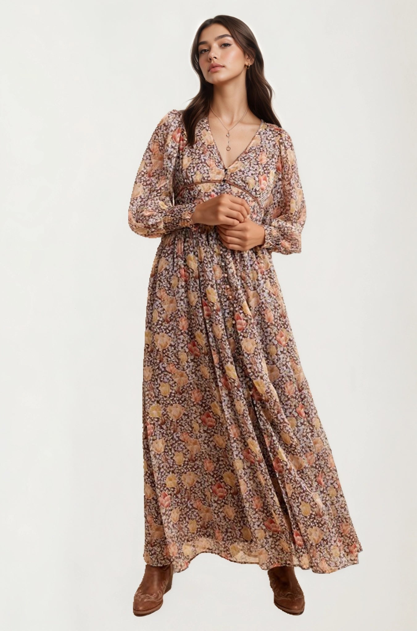 Floral Chiffon Maxi Dress with Smocked Sleeves and Flowing Skirt