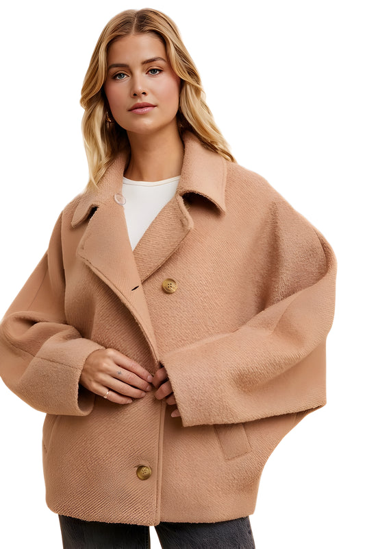 Cropped Wool-Blend Coat With Oversized Lapels And Drop Shoulders