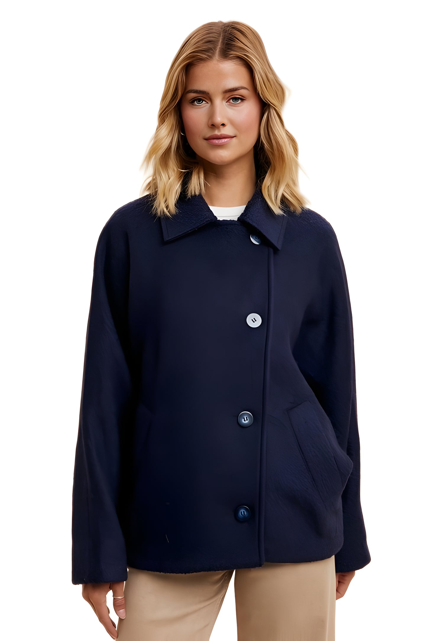 Cropped Navy Wool-Blend Coat With Classic Collar And Buttons