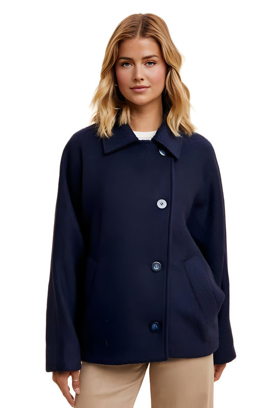 Cropped Navy Wool-Blend Coat With Classic Collar And Buttons