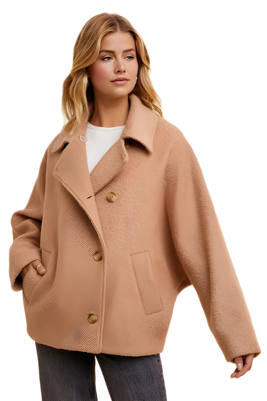 Cropped Wool-Blend Coat With Oversized Lapels And Drop Shoulders
