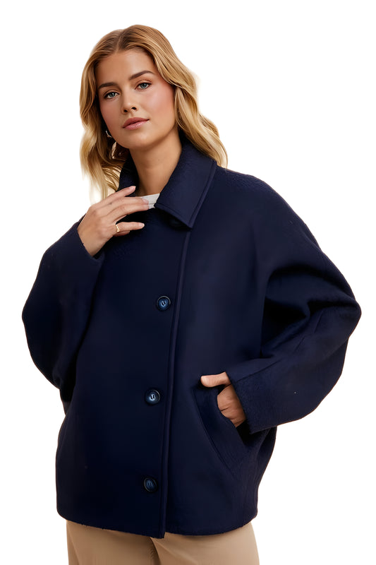 Cropped Navy Wool-Blend Coat With Classic Collar And Buttons