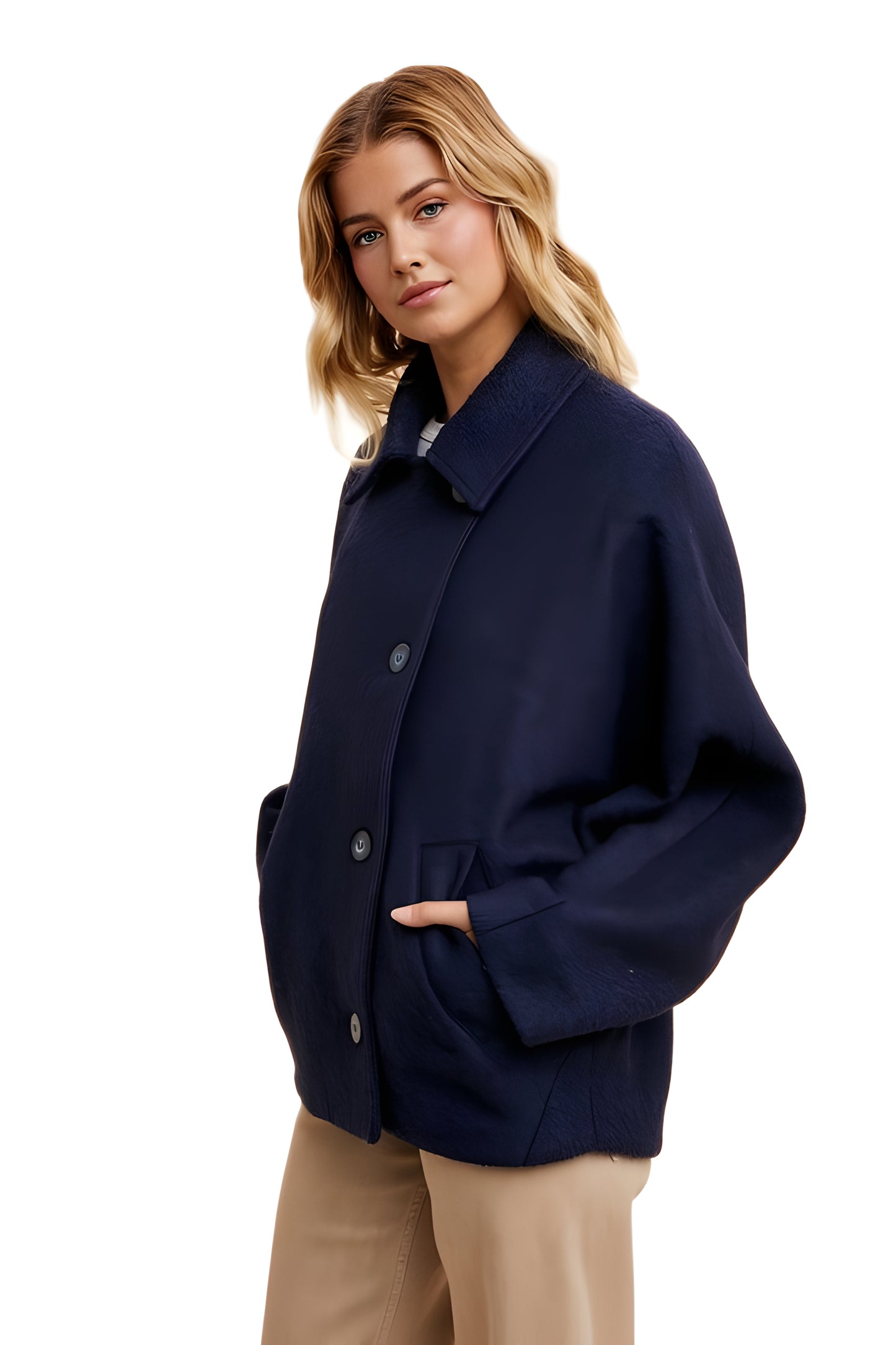 Cropped Navy Wool-Blend Coat With Classic Collar And Buttons