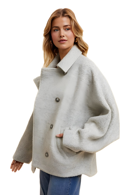 Cropped Light Grey Wool-Blend Coat With Wide Sleeves And Buttons