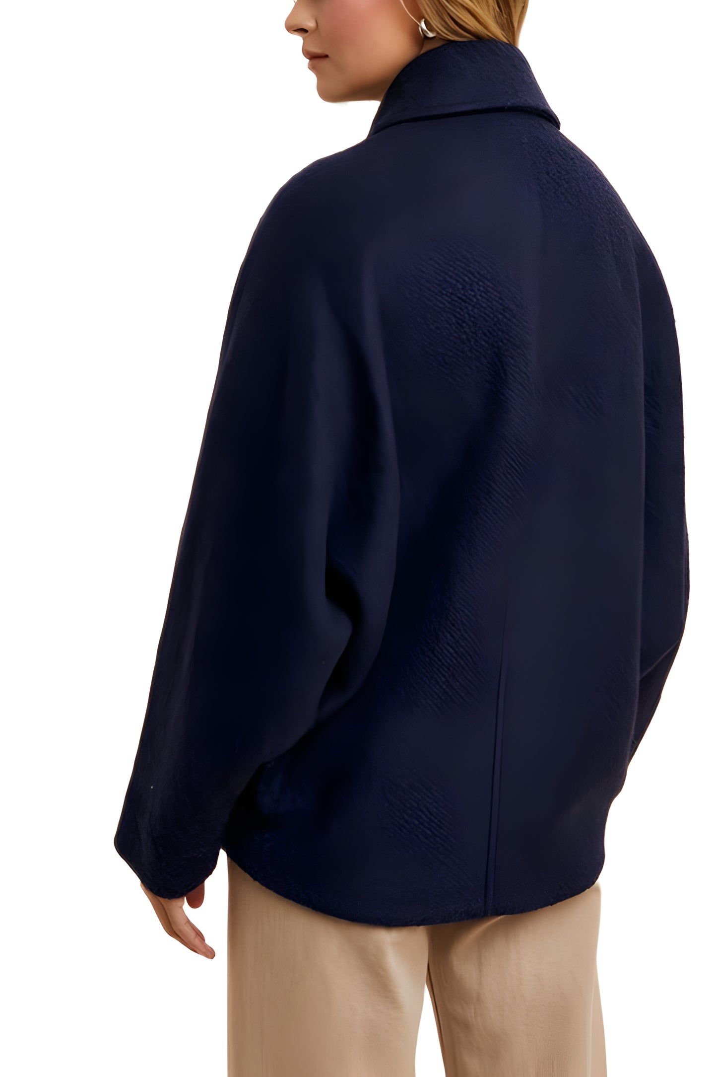 Cropped Navy Wool-Blend Coat With Classic Collar And Buttons