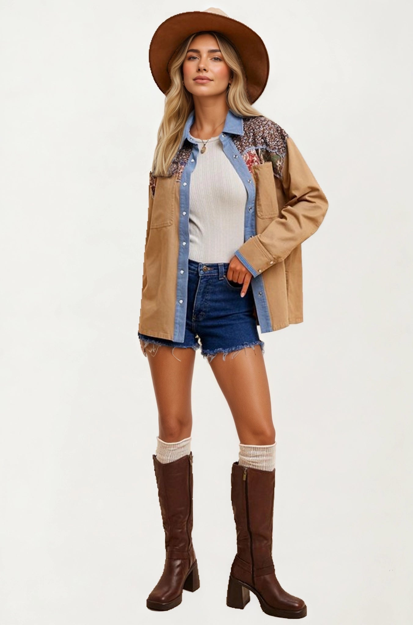 Patchwork Button-Up Jacket with Denim Trim and Floral Accents