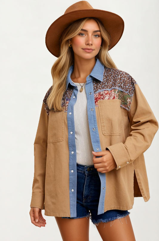 Patchwork Button-Up Jacket with Denim Trim and Floral Accents