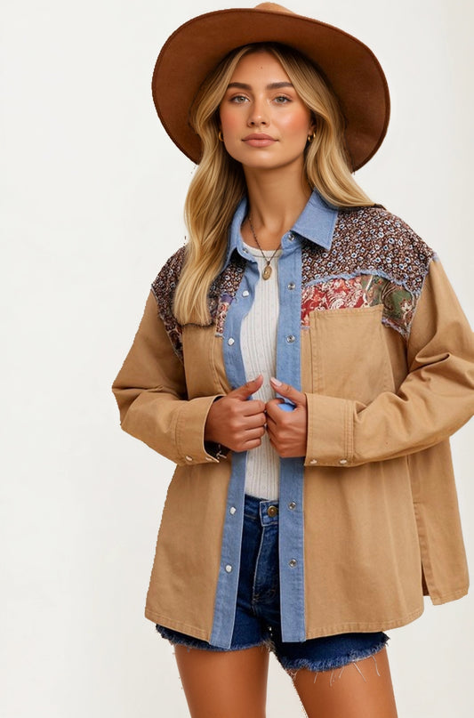 Patchwork Button-Up Jacket with Denim Trim and Floral Accents