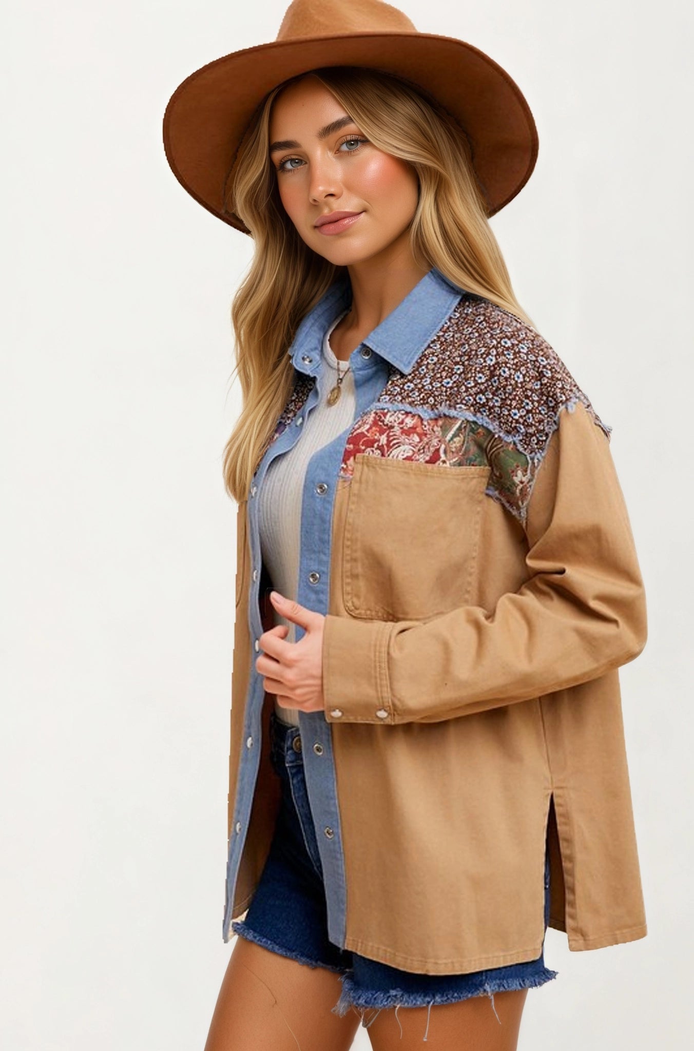 Patchwork Button-Up Jacket with Denim Trim and Floral Accents