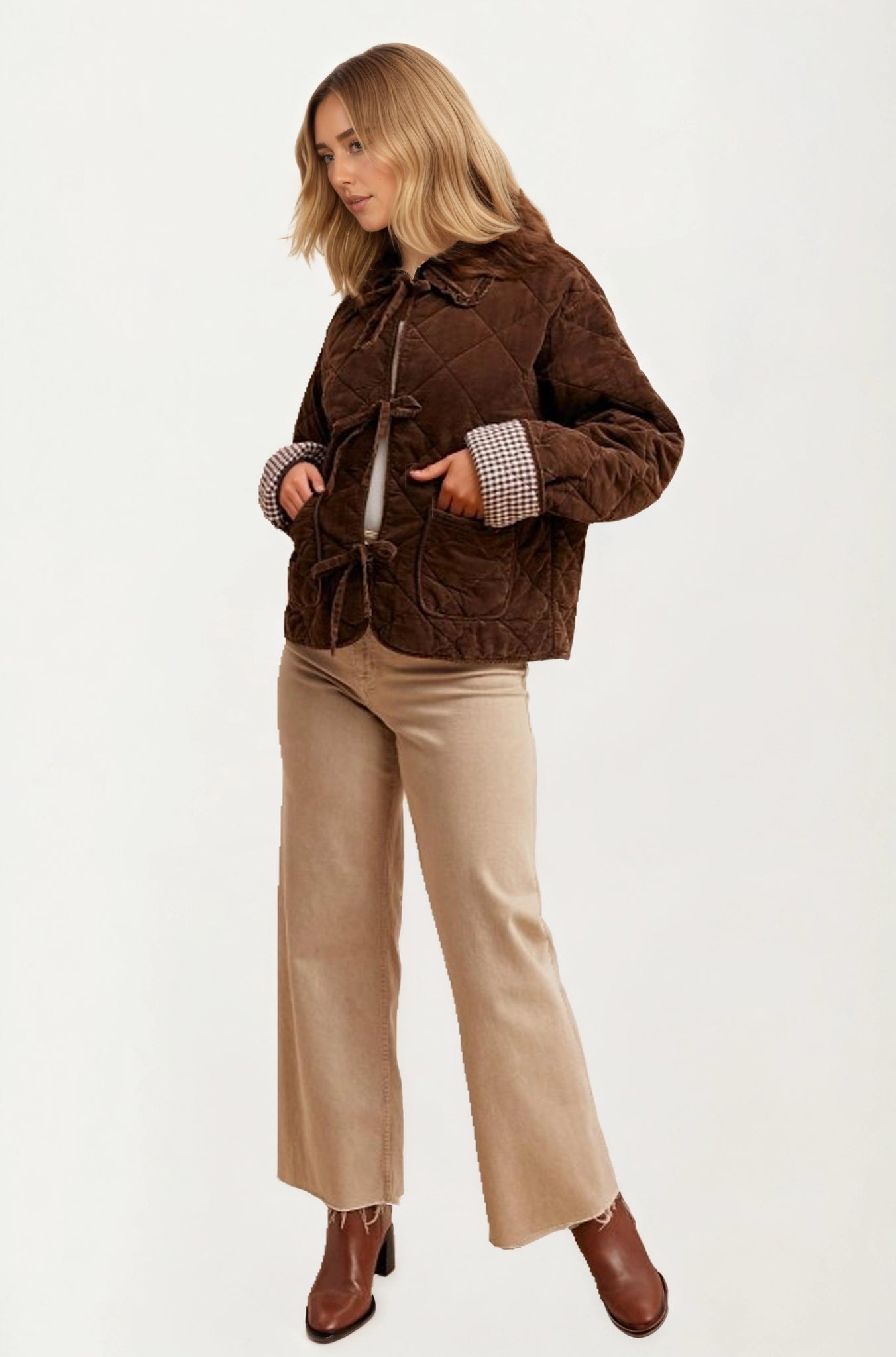 Quilted Tie Front Jacket with Gingham Cuff Detail