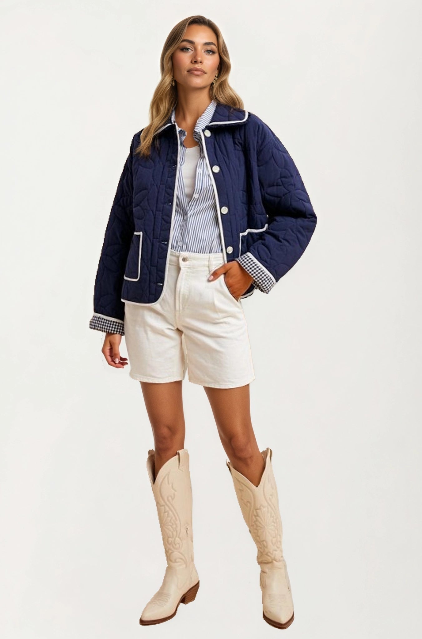 Quilted Button-Up Jacket with Contrast Trim and Pockets