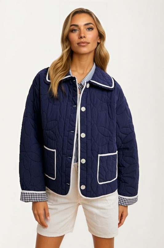 Quilted Button-Up Jacket with Contrast Trim and Pockets