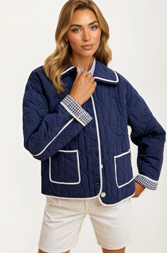 Quilted Button-Up Jacket with Contrast Trim and Pockets