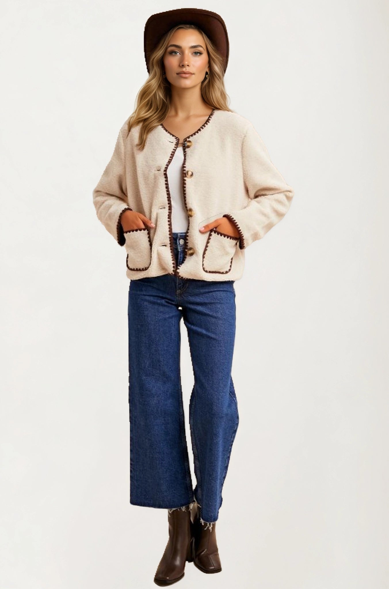 Button Front Fleece Jacket with Contrast Trim and Pockets